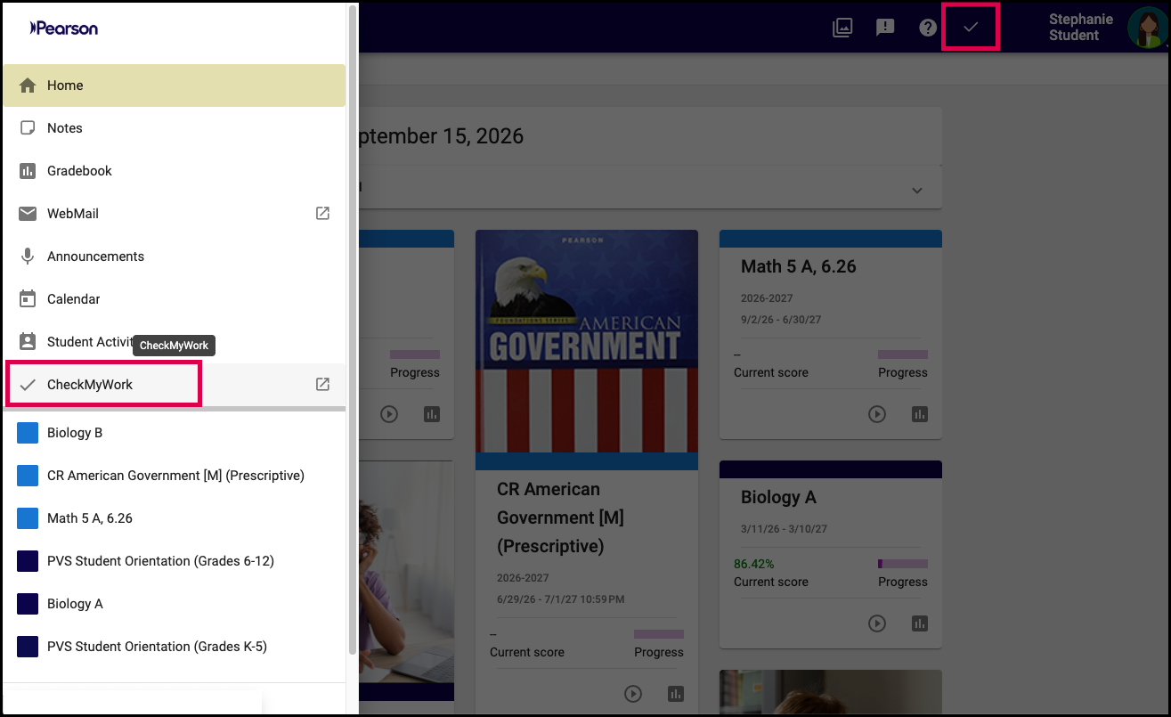 Screenshot of a student home page.  The CheckMyWork access points are selected. 