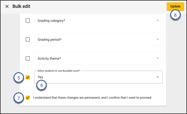 Screenshot of the course editor, bulk edit screen.  Numbered markers correspond with the bullets above. 