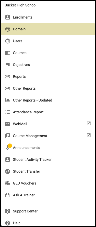 Screenshot of the main menu in an Admin account. 