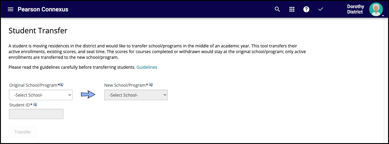 Screenshot of the student transfer tool. 