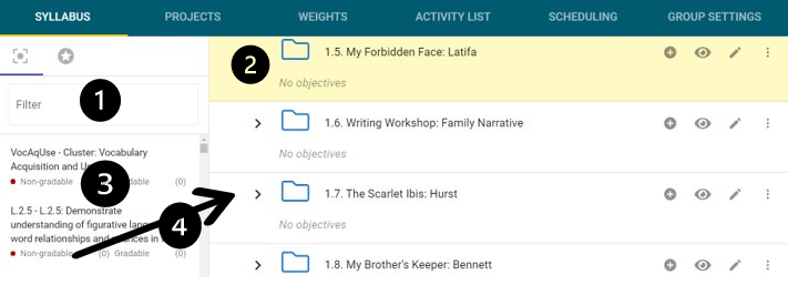 Image of a sample course syllabus with an objective on the left shown to be dragged to a folder on the right.