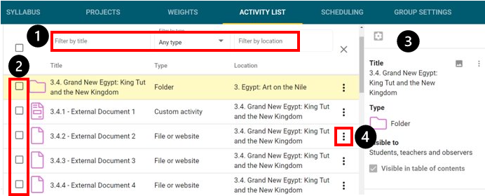 Image of the activity list tab highlighting search fields and checkbox options.