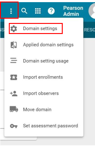 image of the more menu with domain settings selected.