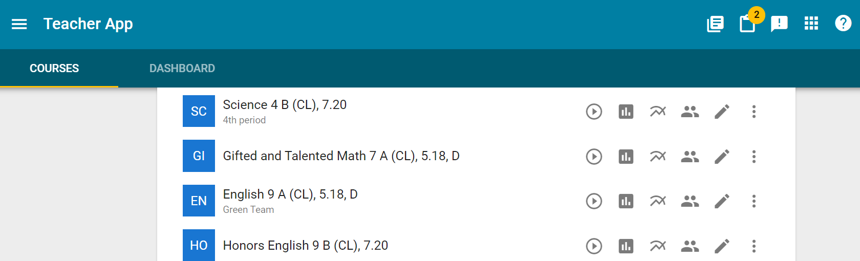 Image of the courses tab in the teacher app, displaying several course cards.