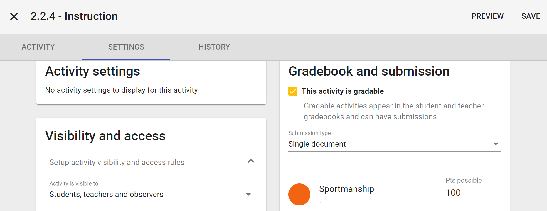 Image of the settings tab for a sample activity.