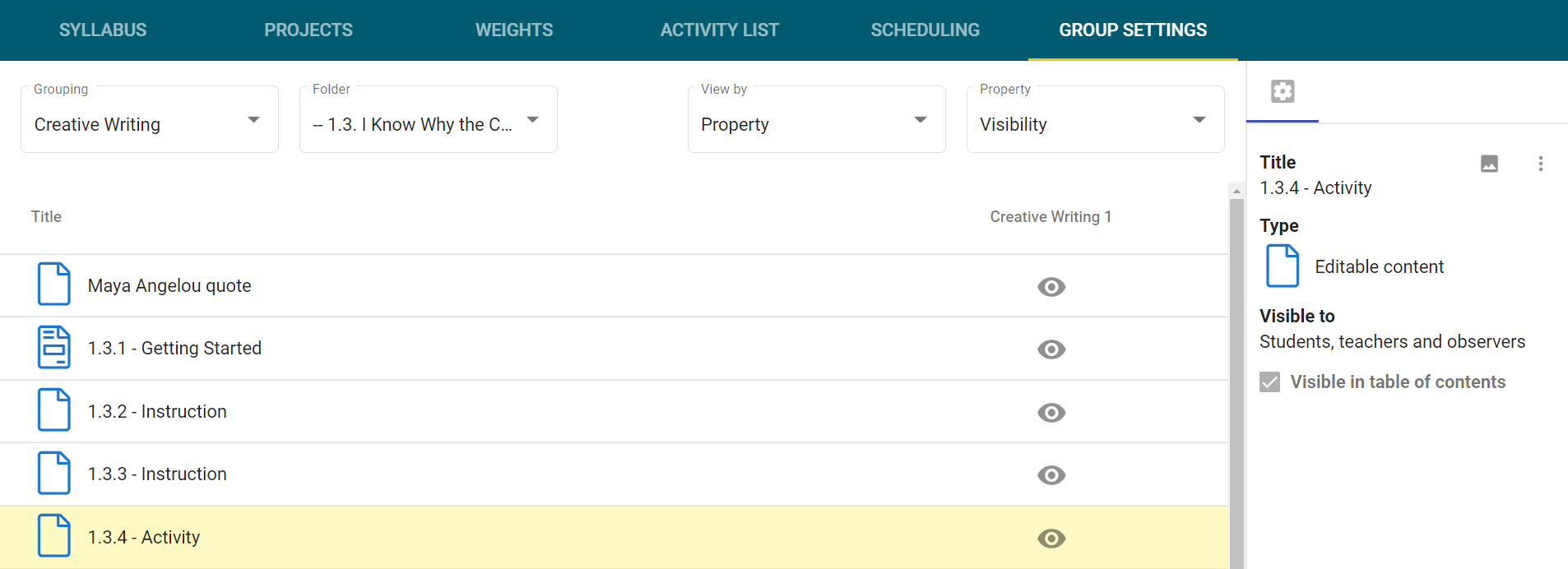 IMage of the group settings tab with an activity selected and dislaying who the activity is visible to.