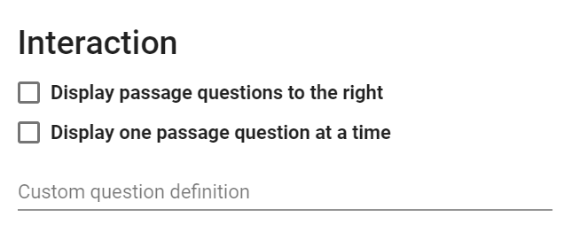 IMage of the interaction card that allows teachers to choose whether to display passage questions to the right or display one passage question at a time.