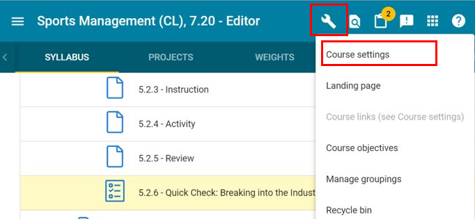 Sample course with the tools icon selected and course settings highlighted.
