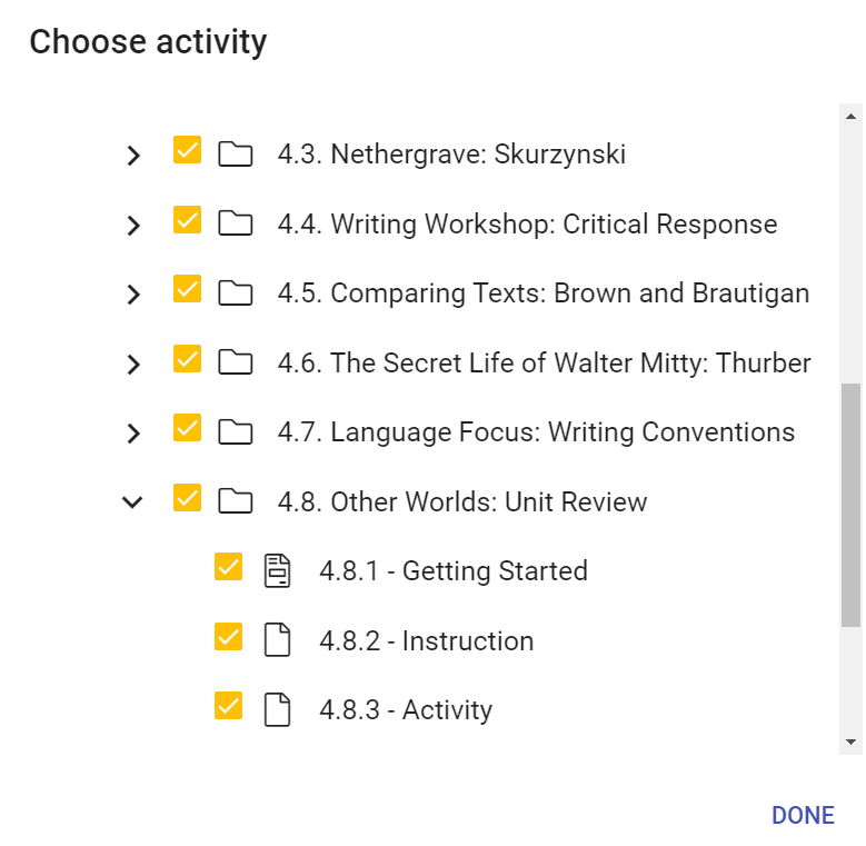 Image of the choose activity screen displaying a list of activities.
