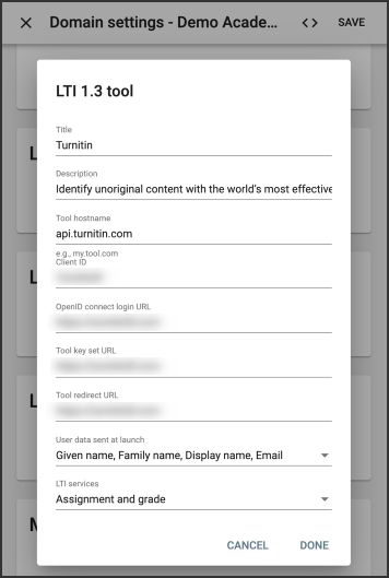 LTI 1.3 tool screen prompts users to enter title, description, tool hostname, client ID, OpenID connect login URL, tool key set URL, tool rediret URL, user data sent at launch dropdown, and LTI services dropdown.