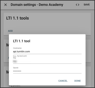The LTI 1.1 tool popup menu showing required fields including hostname, Key, and Secret, with options to either cancel or select Done.