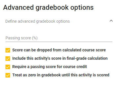 Image of the advanced gradebook option card with all the checkboxes selected.