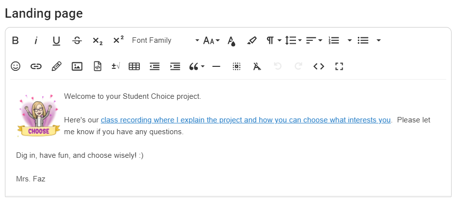 Sample of the rich text editor for the landing page displaying an added image and text for that courses' added activity.