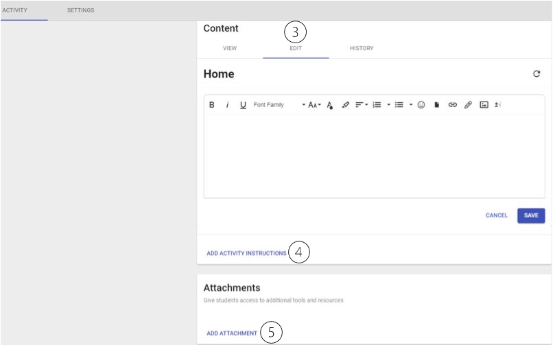 Image of the content editor and the option to add activity instructions and an attachment.