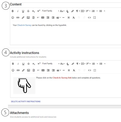 Image of the content rich screen editor and the activity instructions rich screen editor, plus the space at the bottom to add attachments. 