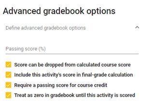 The advanced gradebook options card.