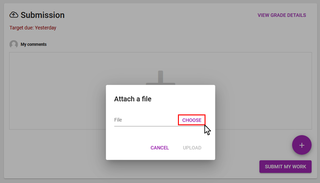 Submission window showing the three options, attach a file, create a google document, and choose a google document.