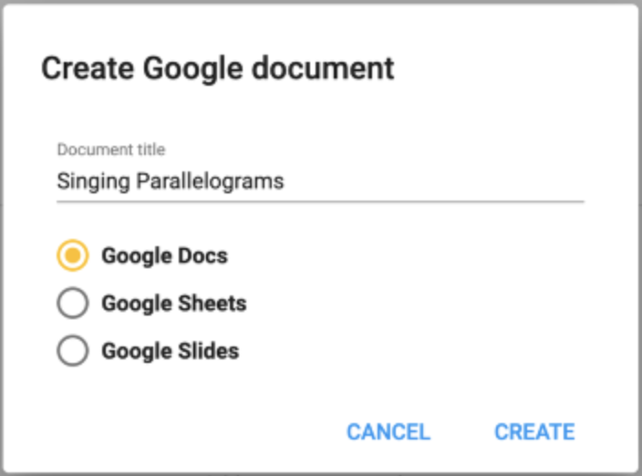 Create google document card prompting users to select docs sheets or slides