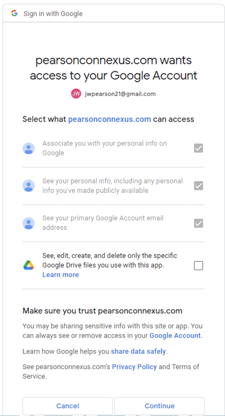 image of the authorization for pearsonconnexus.com to access your google account screen
