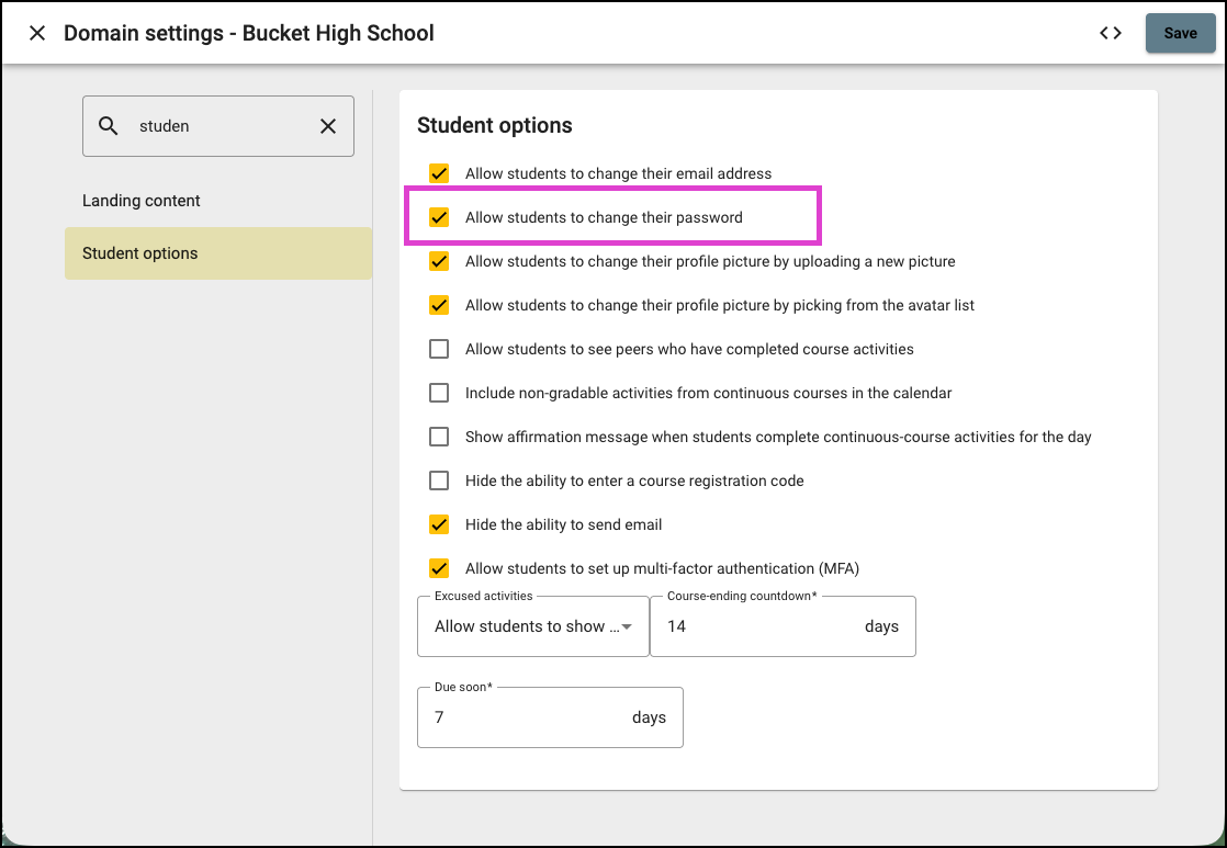 Screenshot of Domain Settings, Student Options. The option to allow students to change their password is selected. .