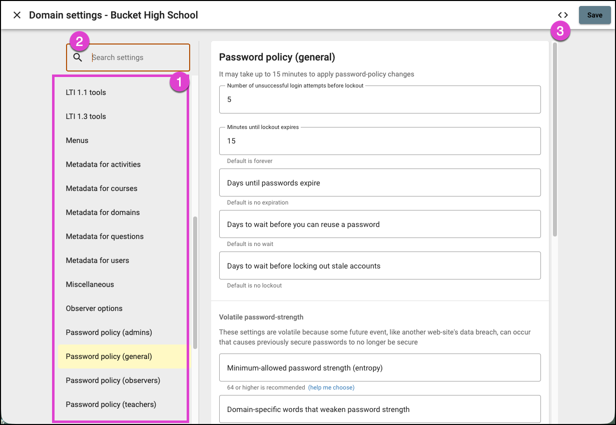 Screenshot of domain settings.  Numbered markers correspond with the bullets above. 