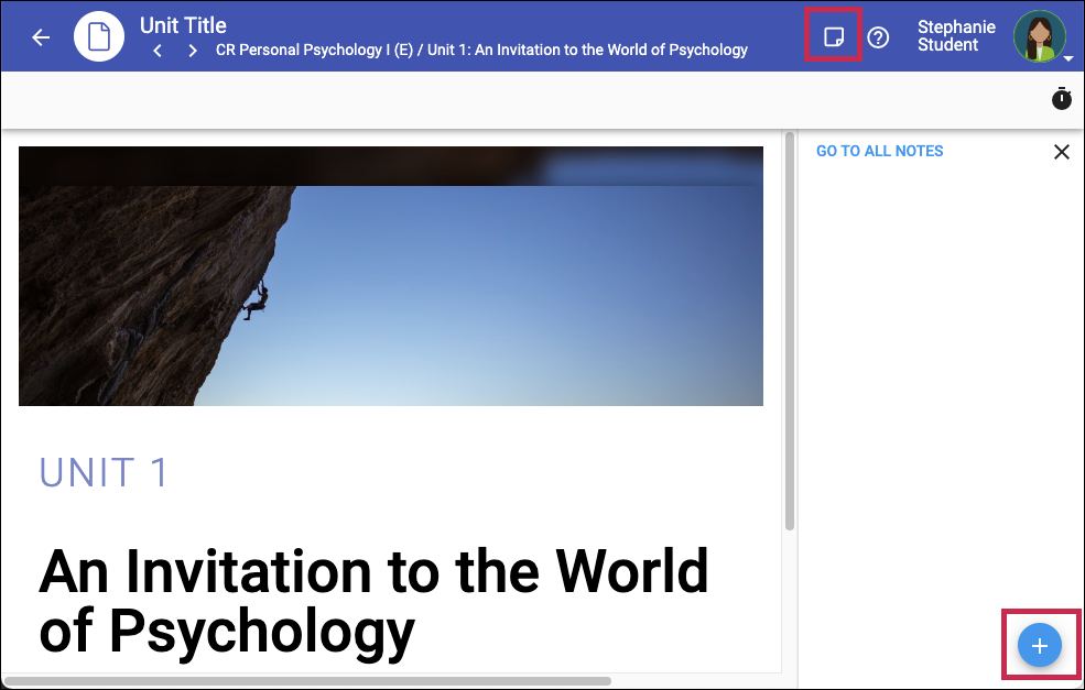 image of a psychology course highlighting the notes icon in the upper left of the screen