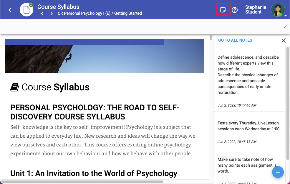 image of a course syllabus with a fully detailed notes section on the right.