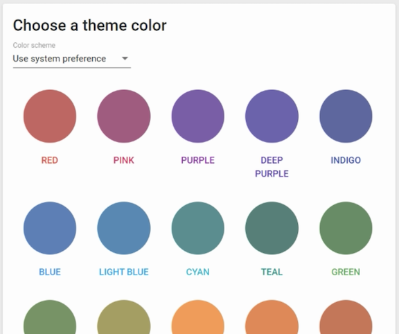 The theme color screen displays all the color types, and the dropdown menu displays light or dark color schemes.