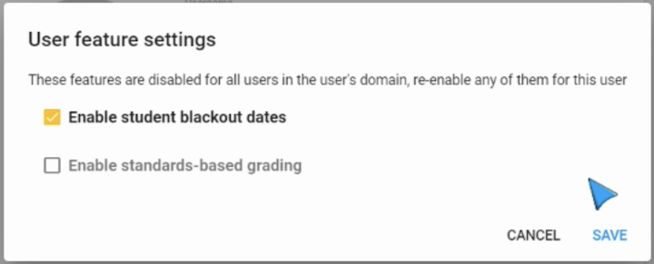 The User feature settings screen. These features are disabled for all users in the user's domain. Re-enable them for this user. Enable student blackout dates is checked.