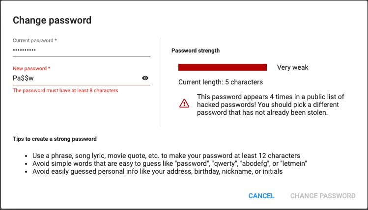 Screenshot of the change password screen.  Fields for current and new password appear.  A password strength indicator bar appears on the right hand side of the screen.