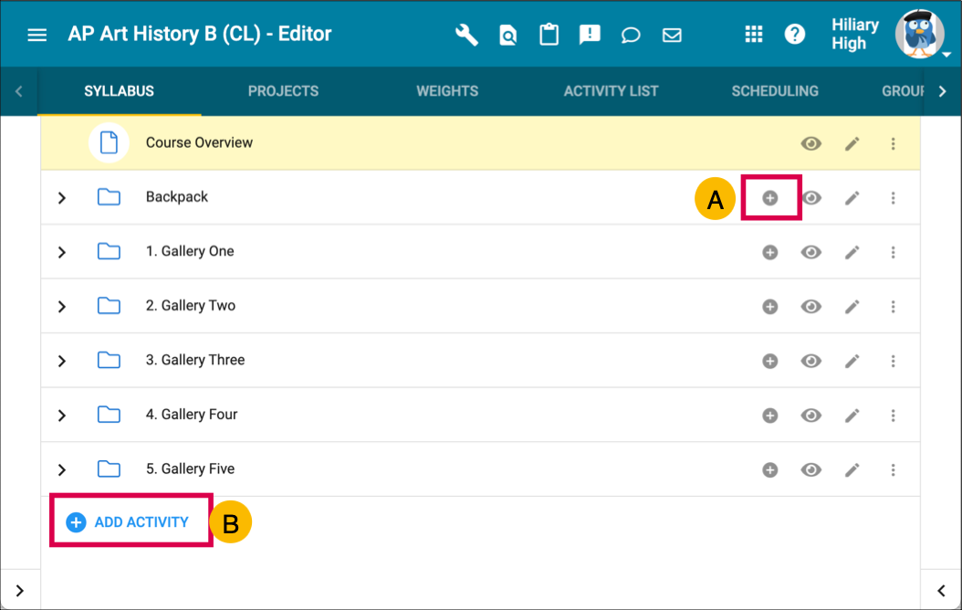 Image of the course editor with the two add to options highlighted