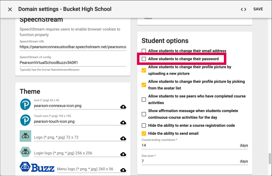 Image of the Domain Settings screen with the Student Options card showing.  The option for Allow students to change their password is highlighted.  