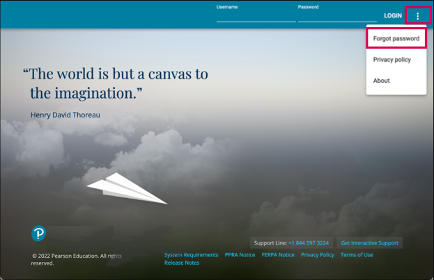Screenshot of the main login screen. The more menu in the upper right hand corner of the screen is highlighted.  Forgot password appears in the drop down menu.  